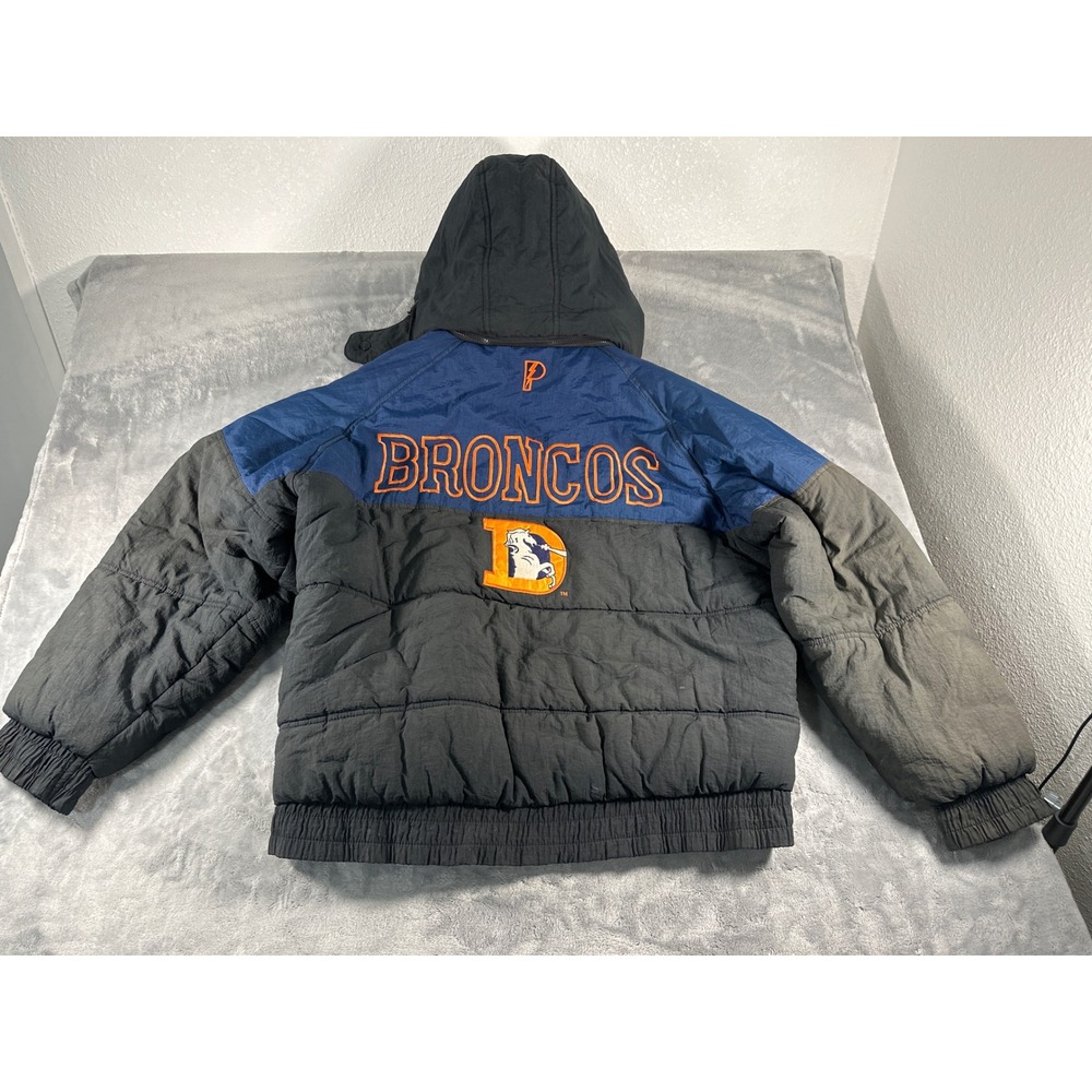 Vintage Pro Player Denver Broncos Puffer Jacket Blue Black Hooded Mens Large NFL - Picture 14 of 16